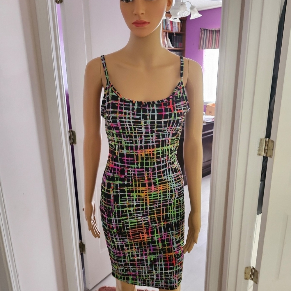 Sleeveless Black Neon Grid Bodycon Dress